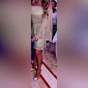 Gold metallic, off the shoulder, bell sleeve dress